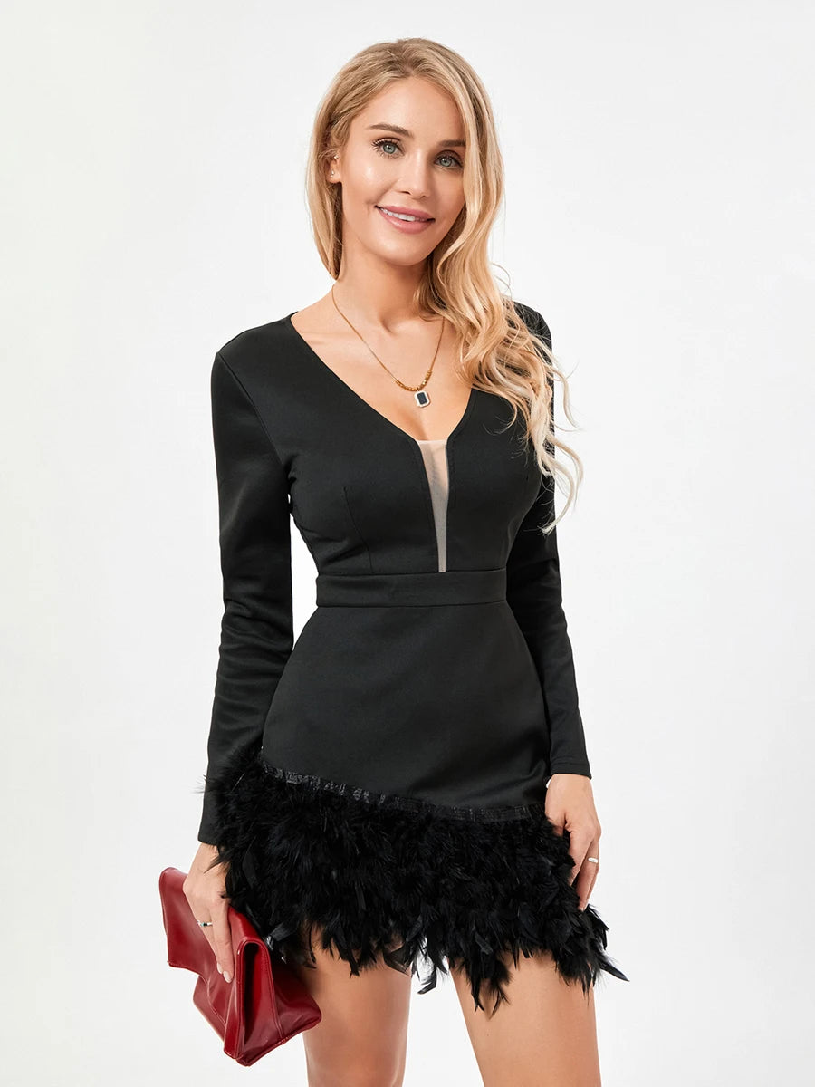 V-Neck Lace Bodycon Dress with Ruffle Trim Long Sleeve