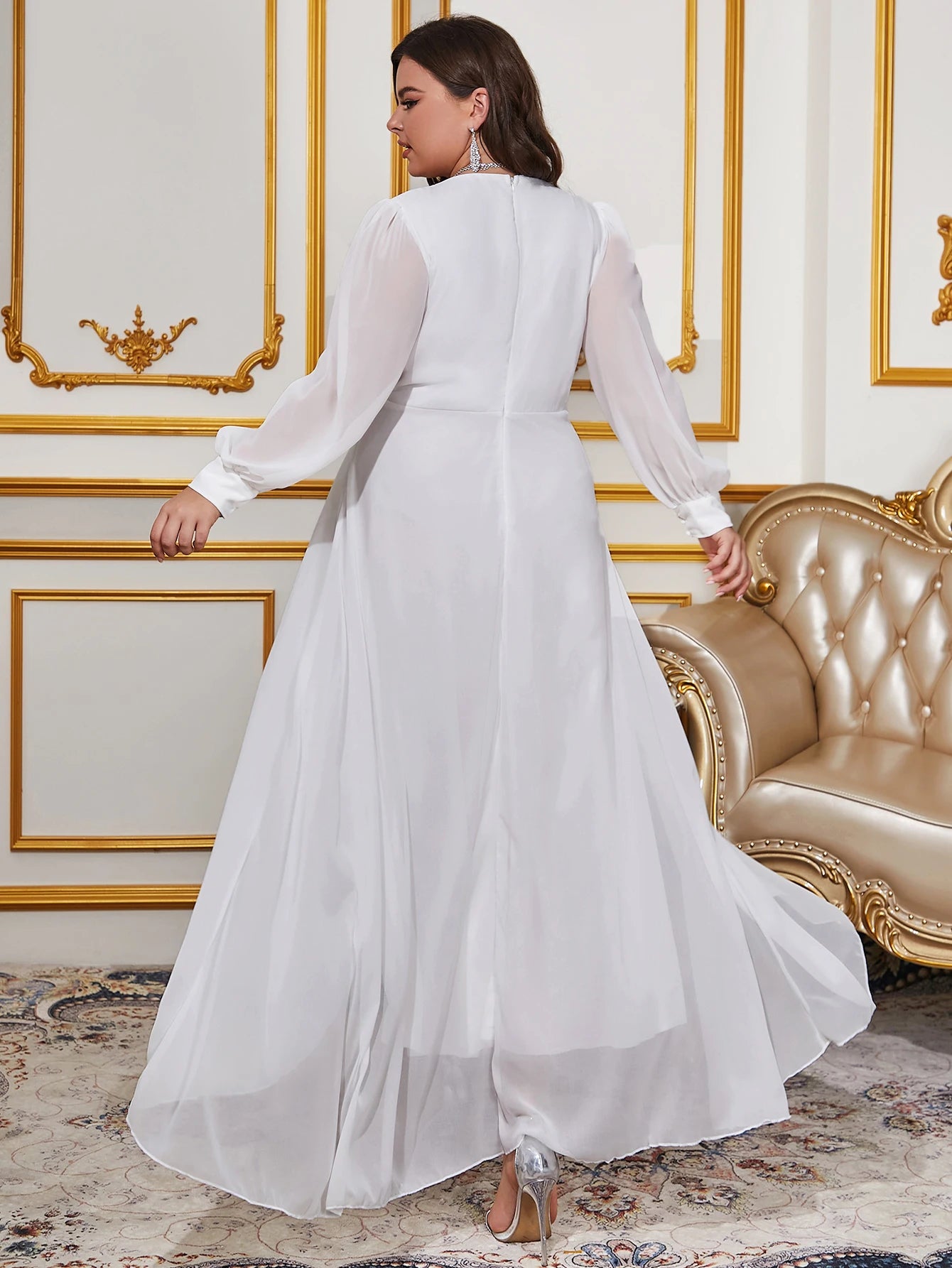 Chiffon Spring V Neck Long Sleeves Pleated A Line Midi Length  Dress