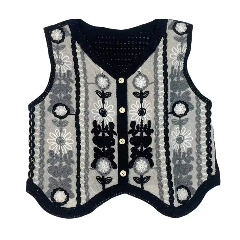 Sexy Hollow Out Knit Tank Tops Women Color block  V Neck Floral Camisole Female Beach Style Crop Top