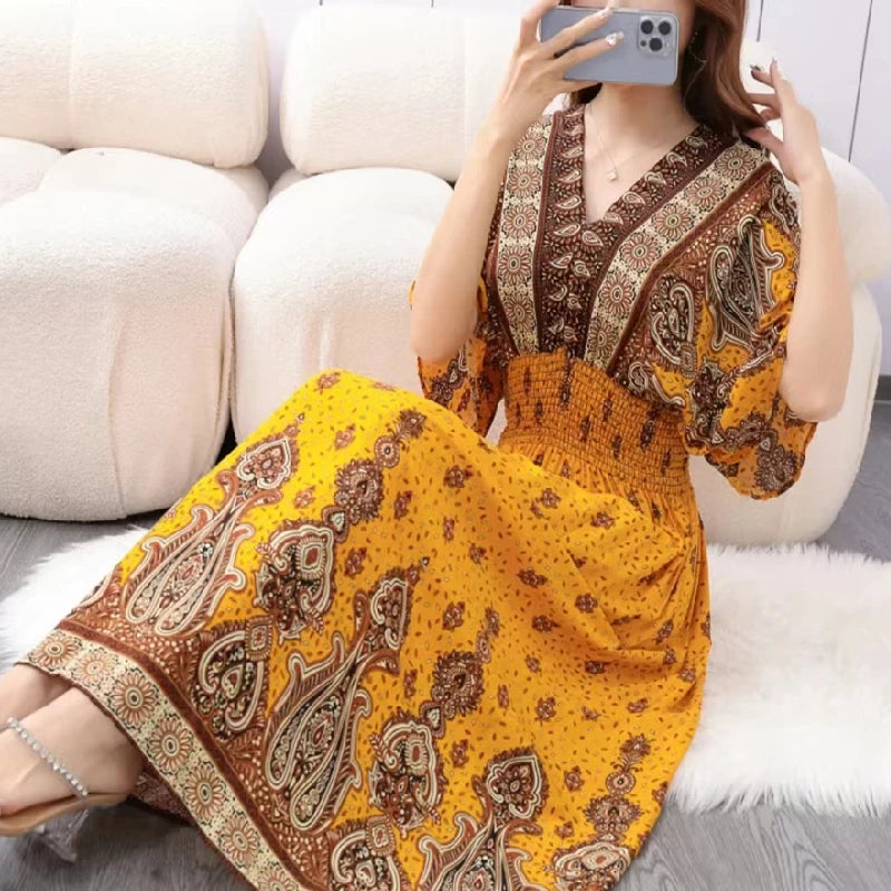 Colorful Flower V-neck Elastic Youthful Bohemian Sweet Midi Dress Woman Clothes Chic Fashion Summer Dresses