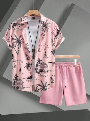 Hawaiian Coconut Tree Print Men's Shirt Summer Short Sleeve Tops Beach Shorts 2 Piece Sets Casual Vacation Style Outfit Clothing