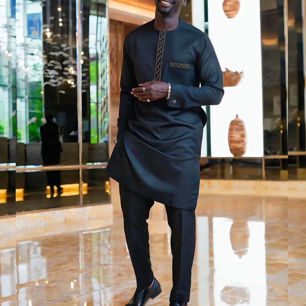 Men's  Wedding 2-Piece Suit Waist Pants Shirt Solid Color Panel Long Sleeve Party African Ethnic Style Clothing