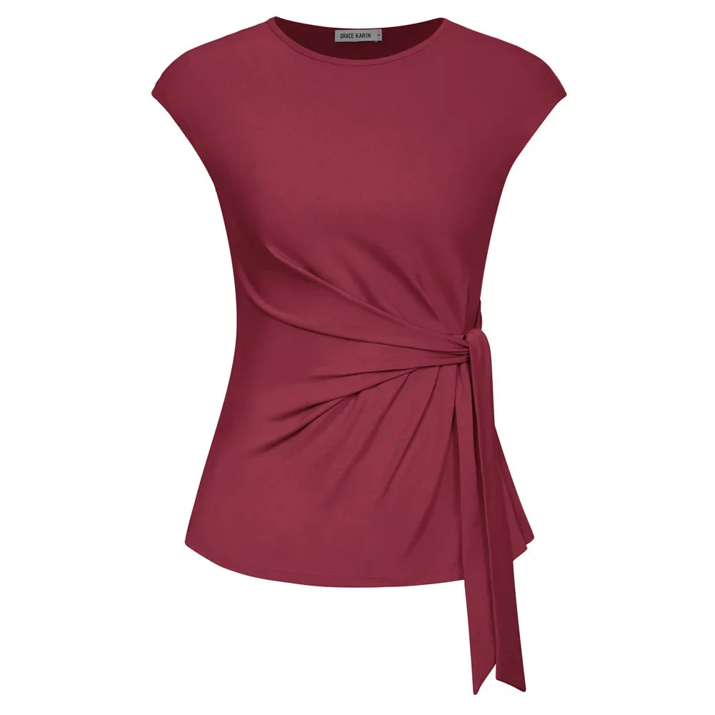 Front Bow Knot  Cap Sleeve Crew Neck Pullover