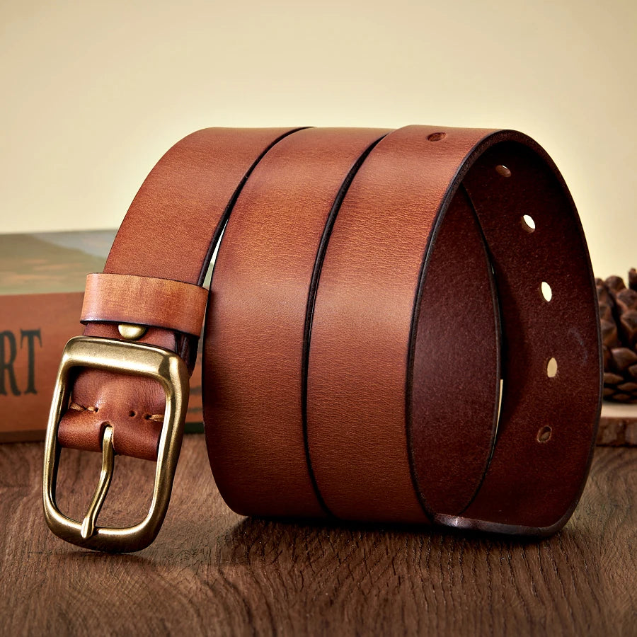 3.3CM High Quality Natural  Cow skin Genuine Leather Belt  Casual Copper Buckle