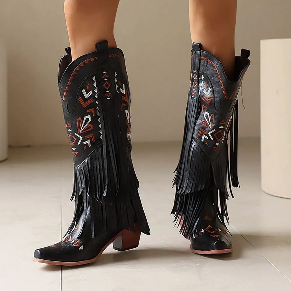 Retro Tassel Embroidered Cowgirl Mid-Calf  Western Boots Pointed Toe Chunky High Heel