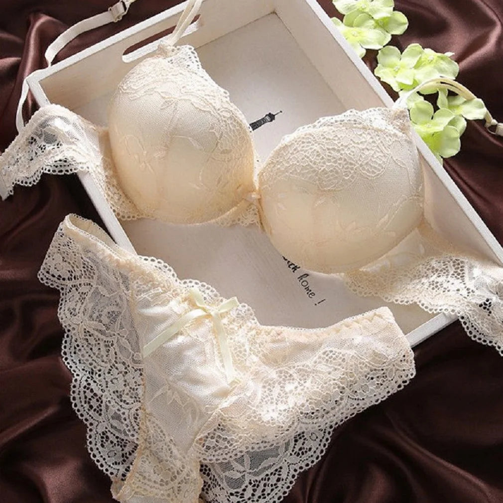 Lace Lingerie Set with Floral Embroidery and Matching Panties Sexy Push-Up Bra and Underwear Intimates