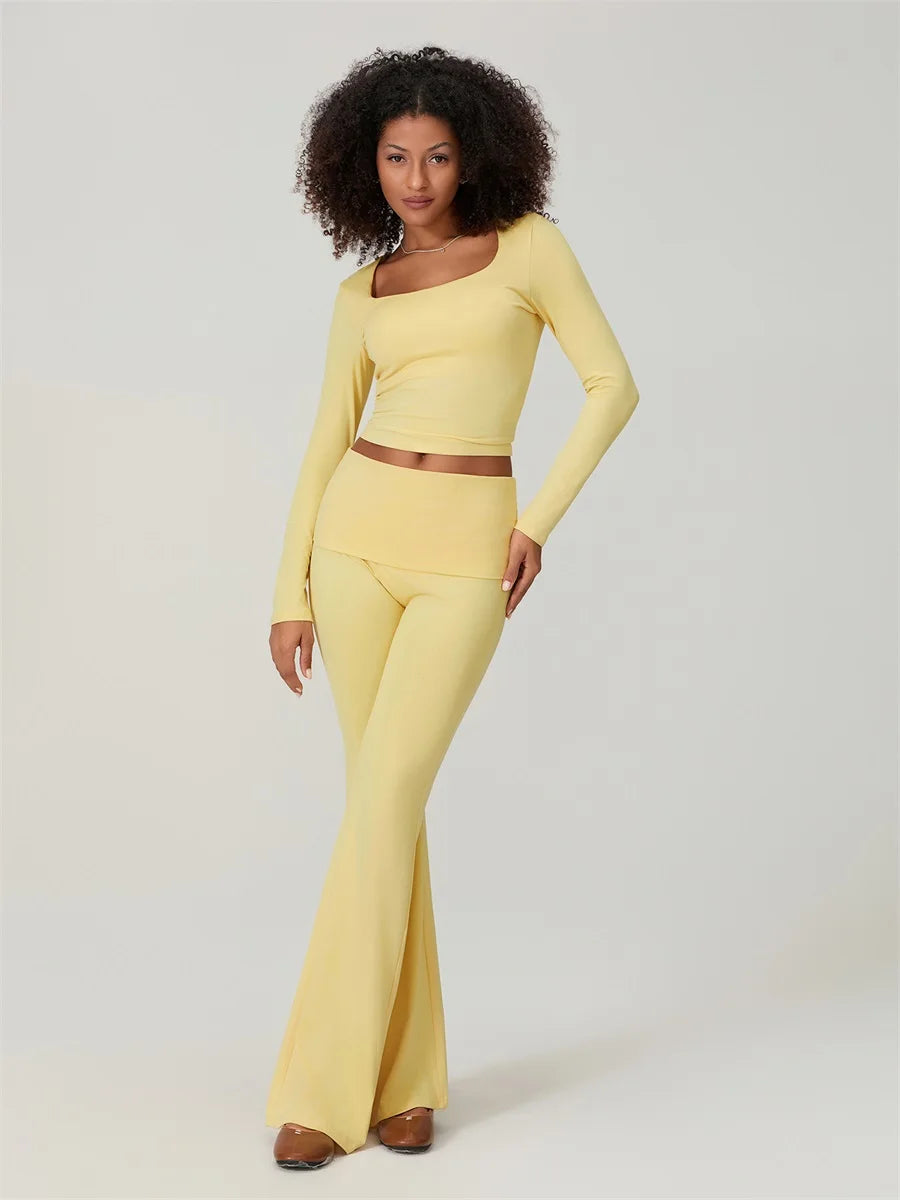Elegant Women's Solid Color Two-Piece Set with Square Neck Long Sleeve Top and  Fit Long Pants for Stylish Loungewear