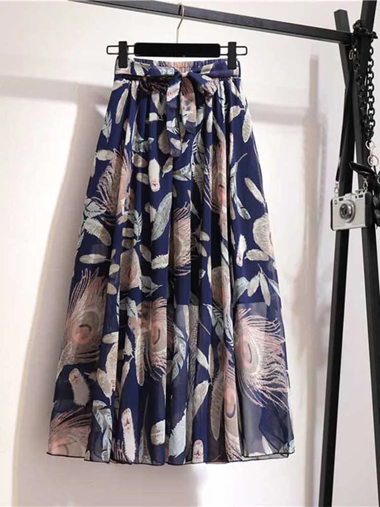 Chiffon Sun School High Waist Midi Skirt