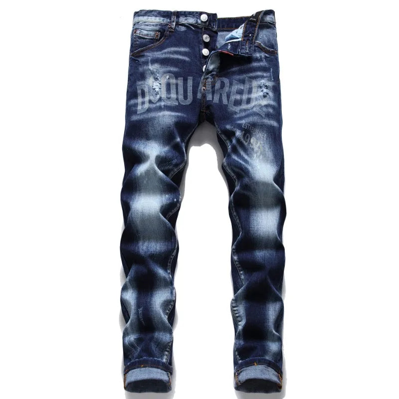 Watermark Button Fly Laser Stereo Cat Beard Blue Cotton Elastic Slim Straight Jeans  Basic Trend Can Be Worn in All Season