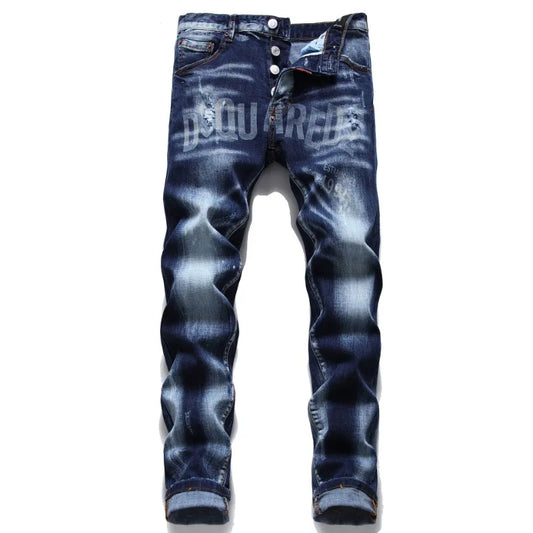 Watermark Button Fly Laser Stereo Cat Beard Blue Cotton Elastic Slim Straight Jeans  Basic Trend Can Be Worn in All Season