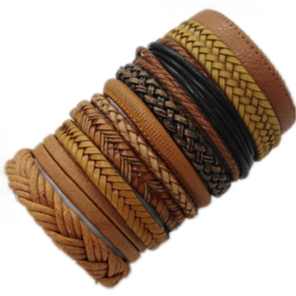 10 Pcs/set Black Wrap Woven New Fashion Handmade Men Bracelets Male Women Leather Bracelets Men Bangle