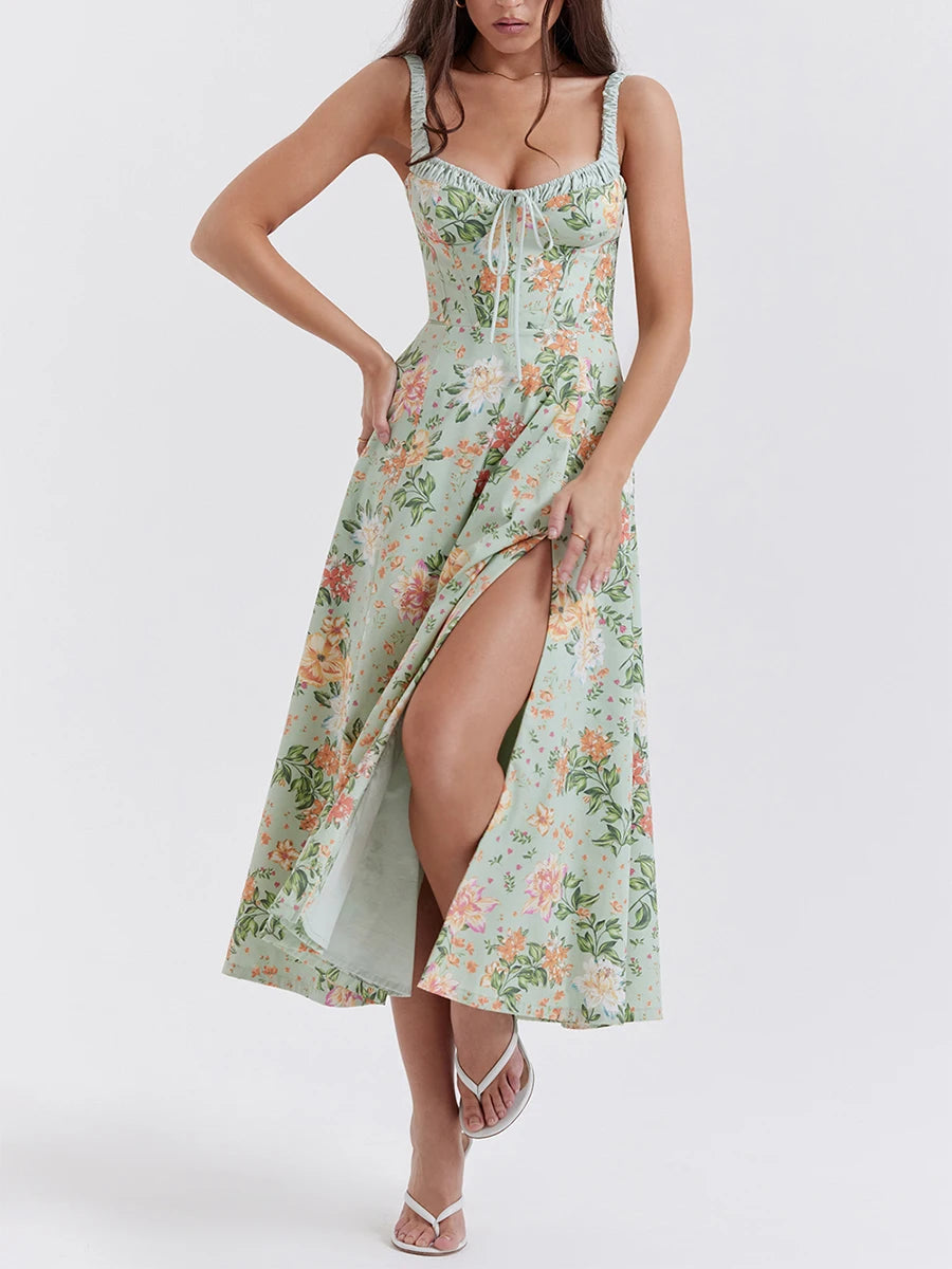 Summer Casual Midi Dress Floral Print Low-Cut Sleeveless
