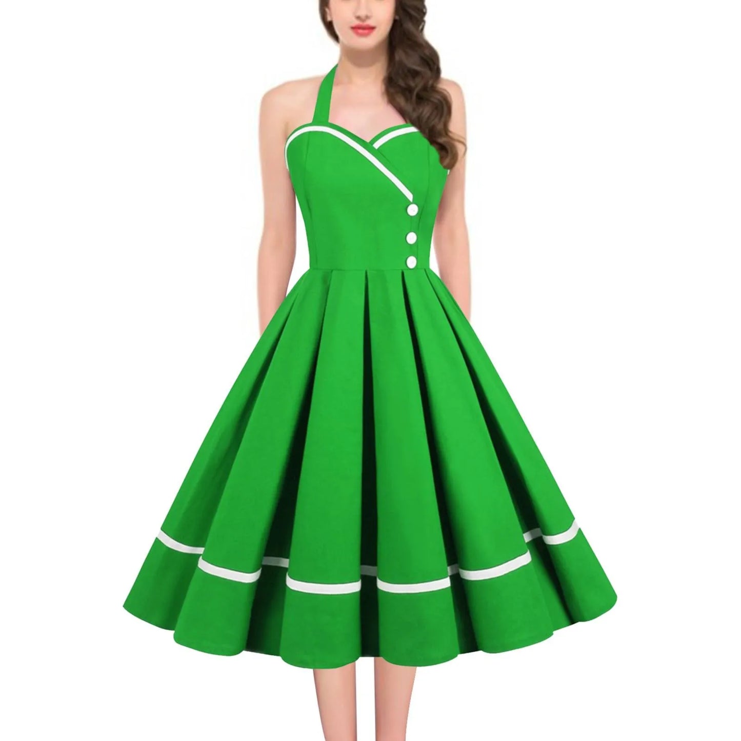 Halter Backless Pleated Big Swing Dresses Women Summer Retro 50s 60s Rockabilly Party Vintage Dress Pinup Elegant Evening Dress