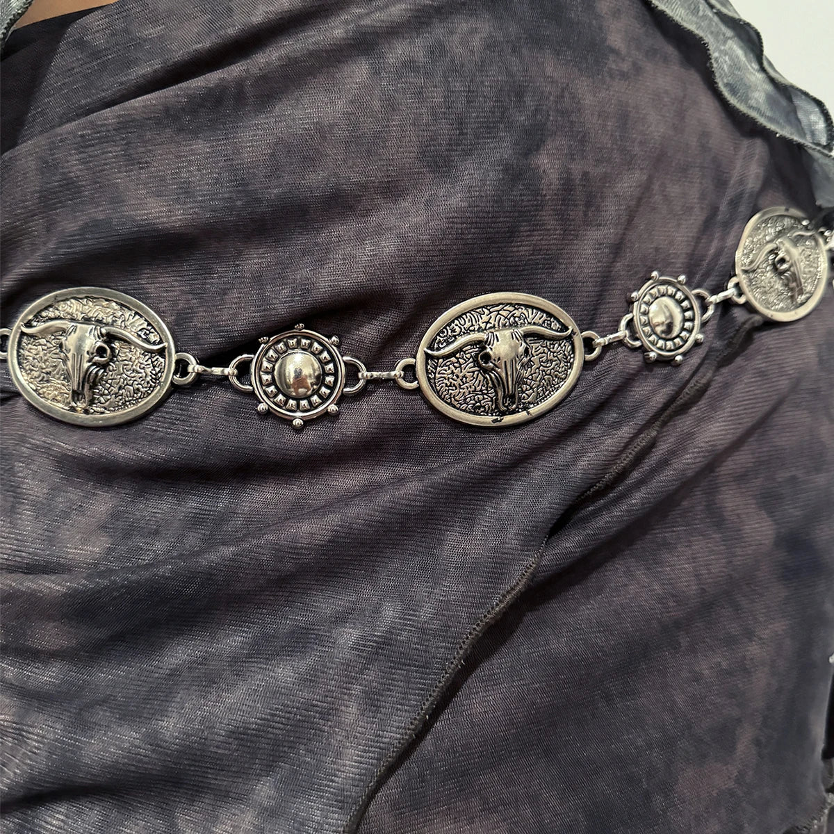 Vintage Silver Chain Belt Sun Bull Coins Female Waist  Dress Waistband Designer Belts For Women High Quality