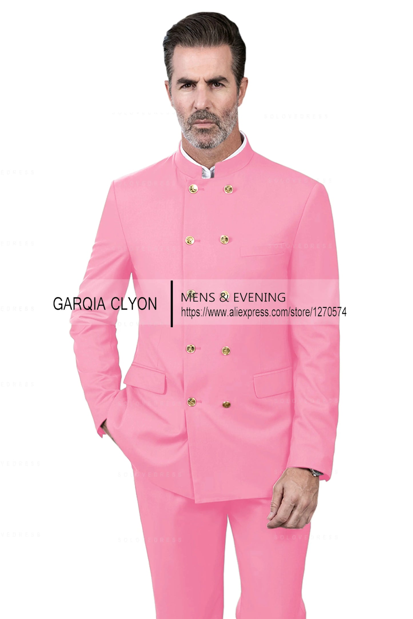 2 Piece Stand Collar Double-Breasted Chinese Style Men's Suits With 3 Real Pocket Wedding SuitsTailored Fit (Blazer+Pants)
