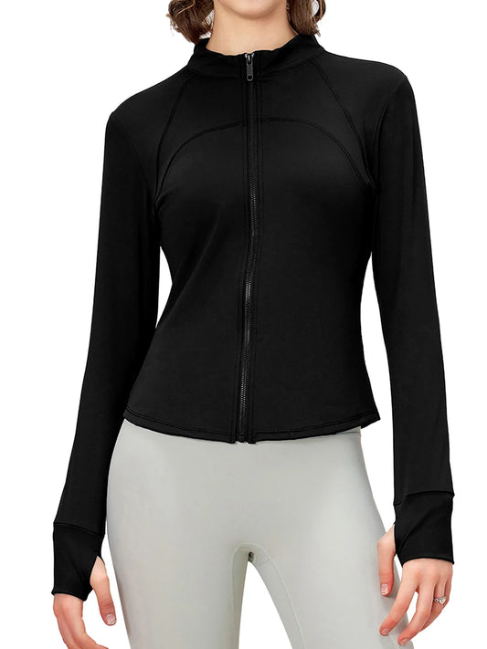 Full Zip Yoga Jacket with Solid Color Long Sleeves Stand Collar  Fit and Thumb Holes for Active Wear