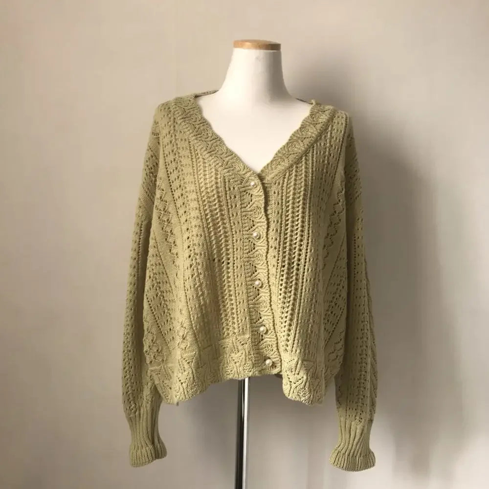 Women Spring Summer Sweater and Cardigans Low V-Neck Knit Tops Long Sleeve Hollow Out Sexy Cardigan Loose