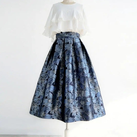 High Waist Jacquard  Vintage  A-line Skirt