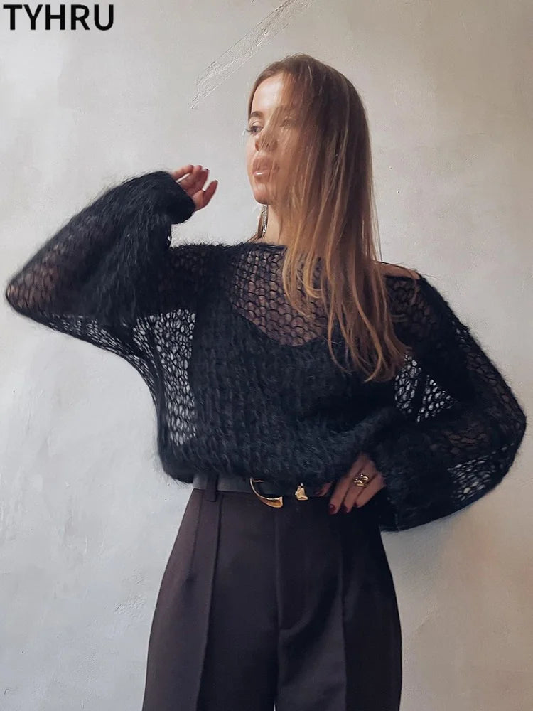 Women's Knitted Sweaters Lady Hollow out Mesh Thin Pullover See Through Look Lantern Sleeve Loose Tops Smock
