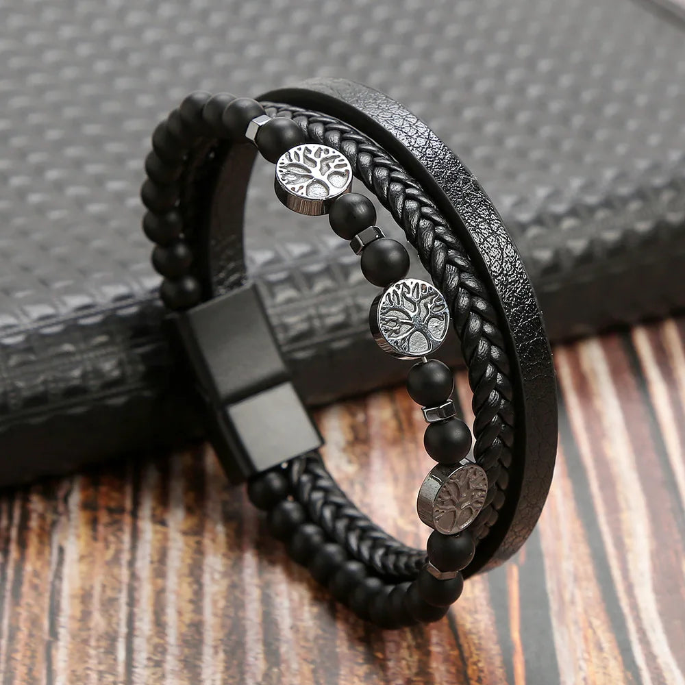 Hot Fashion Beads Leather Bracelet Men Classic Tiger Eye Beaded Multi Layer Leather Bracelet For Men Jewelry