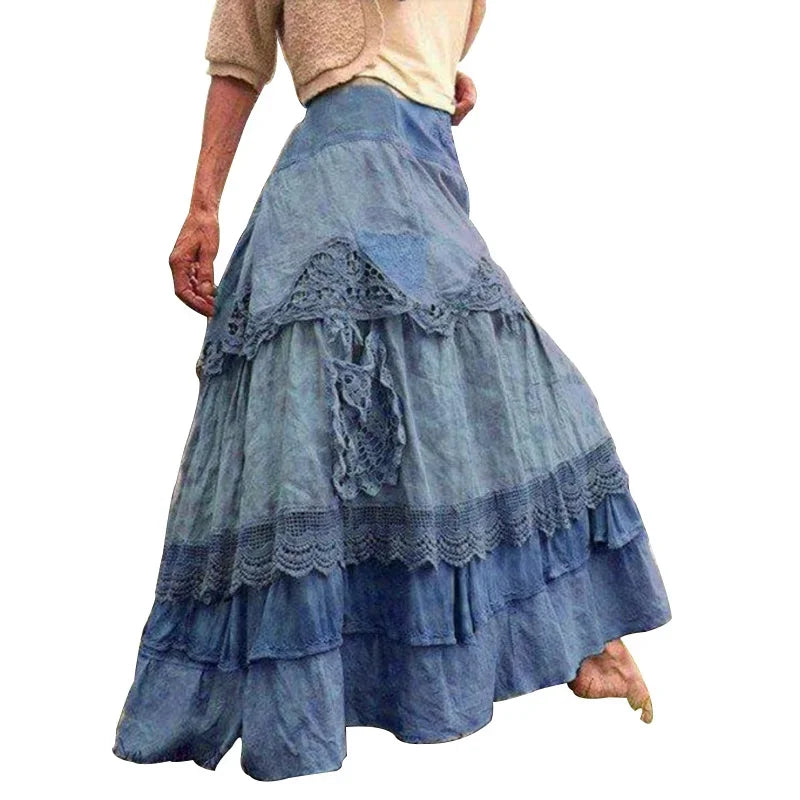Vintage Ruffles  Maxi  Lace Long  Low Waist Prairie Chic Dropped Skirt