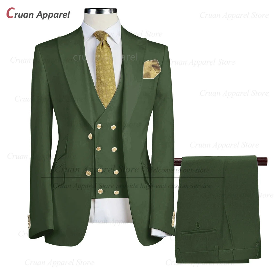 Tailor-made Brand Suits for Men Slim fit Prom Wedding Groom Tuxedo Set Party Gold Buttons Blazer Vest Pants 3 Pieces