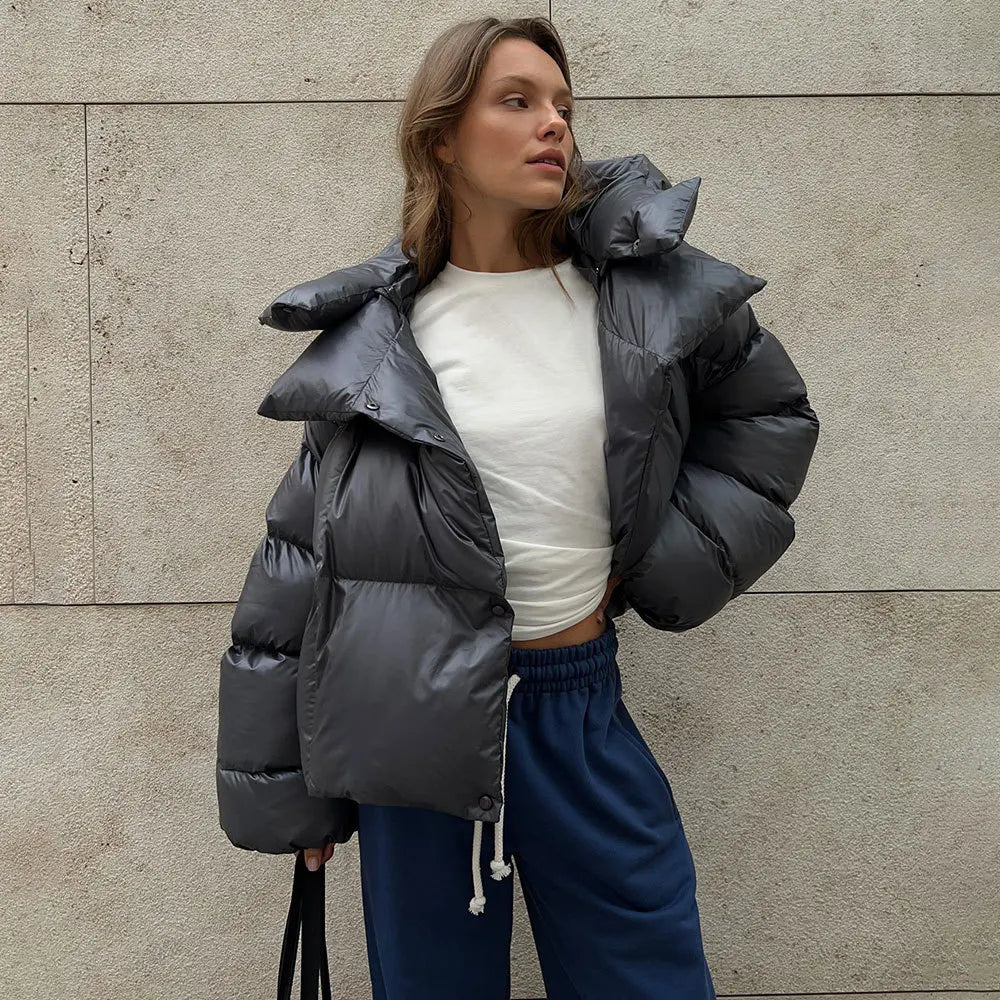 Hooded Jacket Thick Warm Solid Color Streetwear Zipper Loose Down Jacket