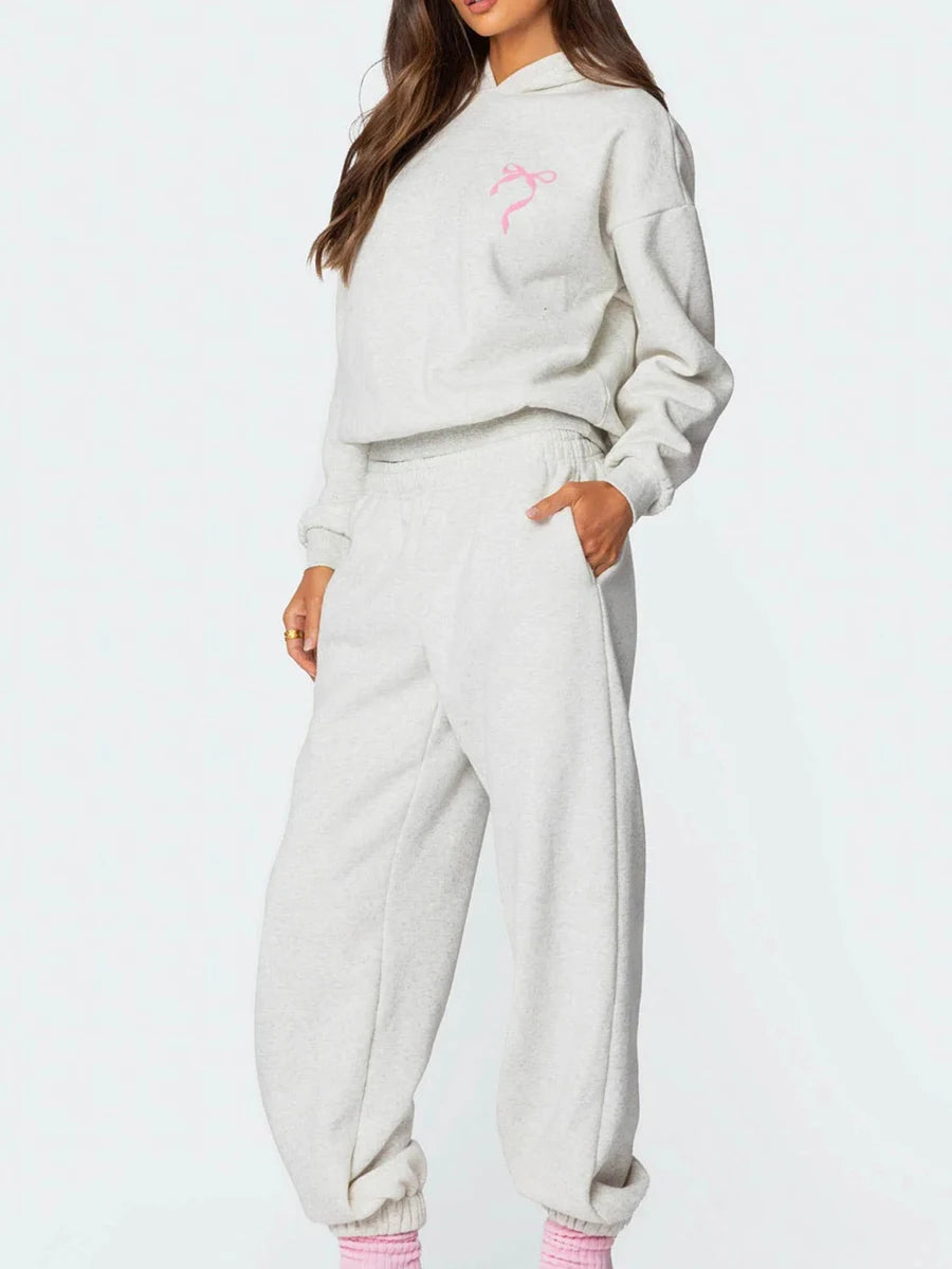 Women s 2 Piece Stylish Outfits Long Sleeve Bow Embroidered Sweatshirt Solid Color Jogger Pants Sets for Casual Wear