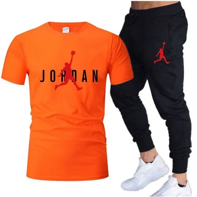 Summer Men's Tracksuit Suit Brand Short Sleeve T-Shirt + Trousers 2-Piece Sets Fitness Jogging Sports Pants Sportswear Suit