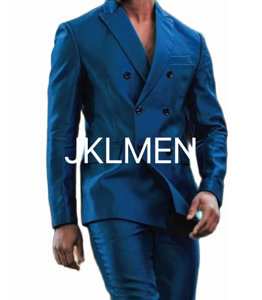 Latest Design Shiny  Jacket Pants Double Breasted Peak Lapel Men Suits Tuxedo Groom Wedding Prom Party