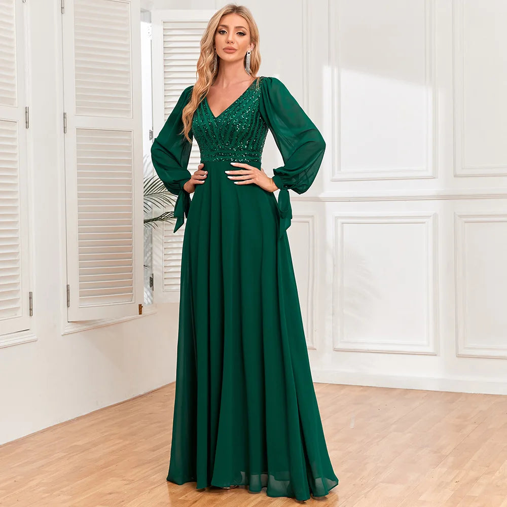 Maxi Dress Soft Satin Green V Neck Beading Long Dress High Waist