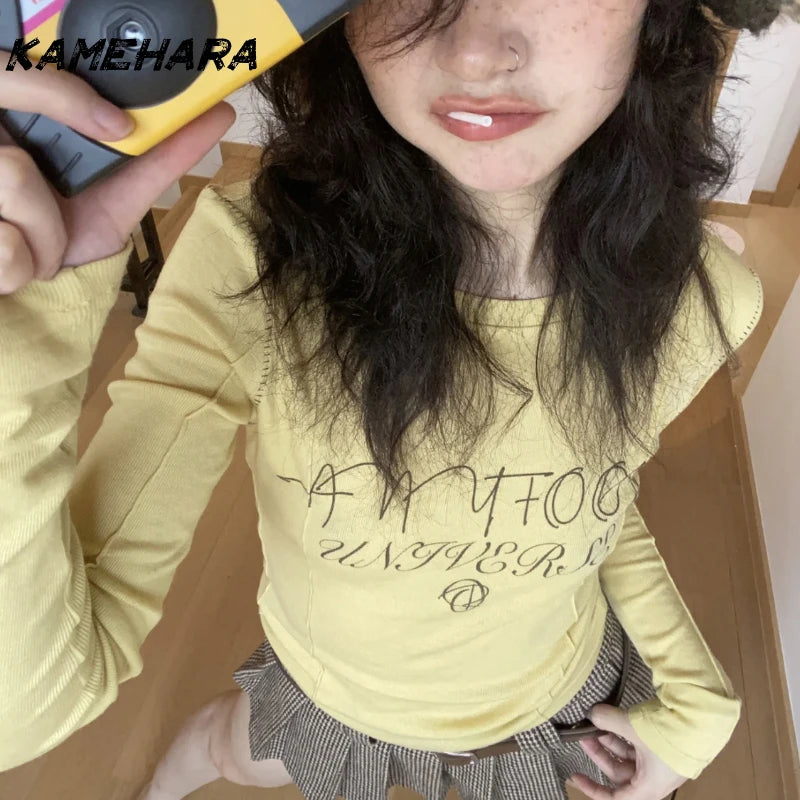 Retro Long Sleeve Spring  Lemon Yellow Round Neck Letter T-shirt