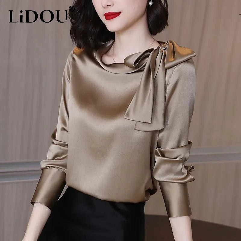 Summer Autumn Office  Satin Solid  Bow Shirt Long Sleeve
