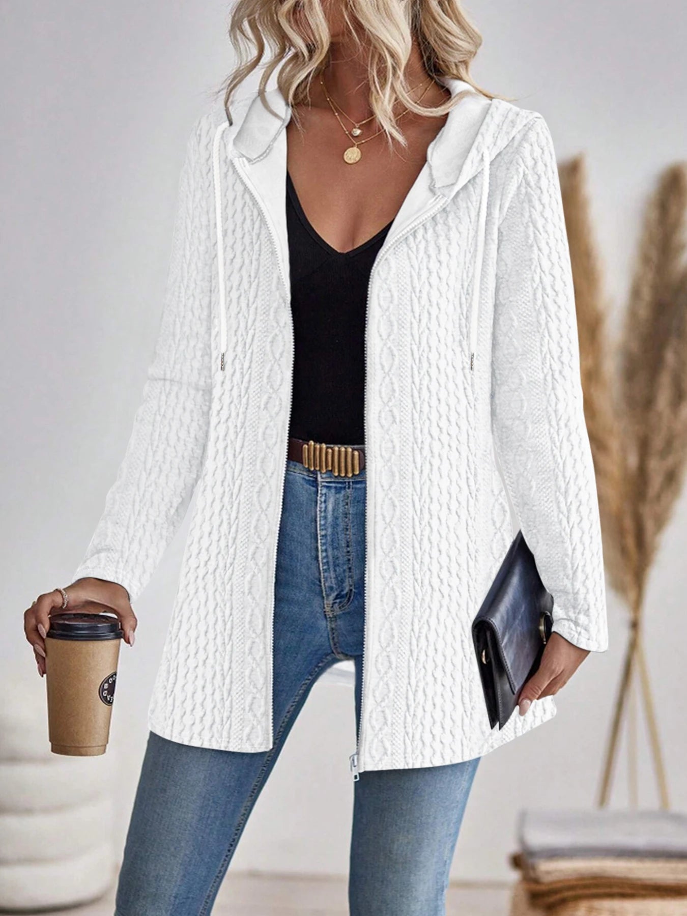 Elegant directional women's fashionable texture solid color zipper hooded sweatshirt