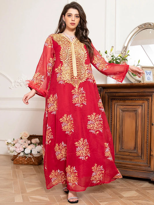 Charming banquet style Round neck Printed Embroidery Regular sleeve Kaftan suitable for all seasons