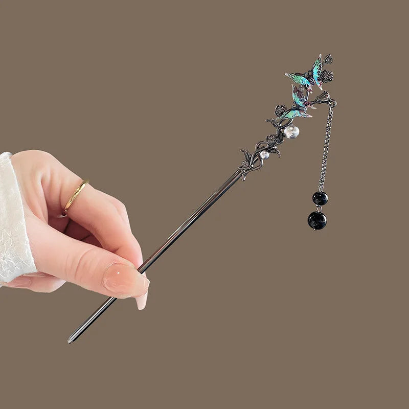 Modern Hair Stick Ink Flower Metal Tassel Hairpin Forks For Women  Beads Fringe Hair Clasp