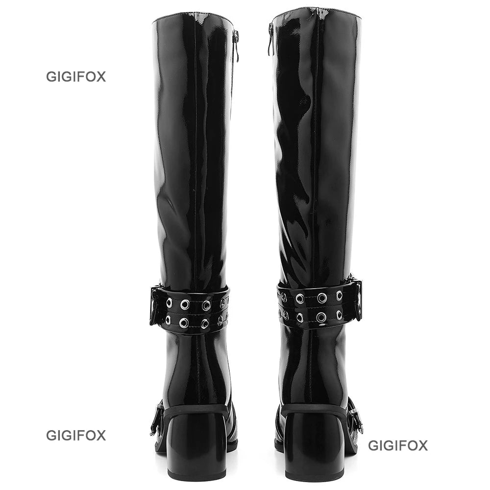 Pointed Toe Women Zipper Knee-high Boots Chunky High Heel Patent Leather Metal Buckle Shoes