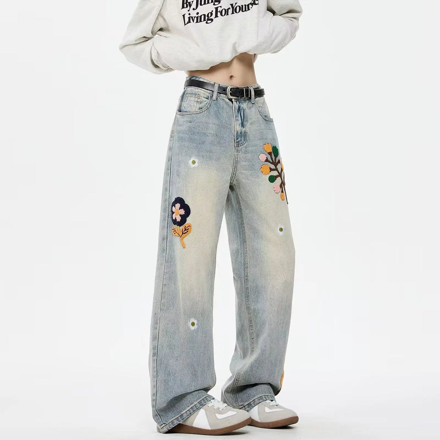 Vintage Flower Embroidered Jeans For Women High Street Baggy Straight Wide Leg Denim Pants Autumn Design Hip Hop Fashion Jean