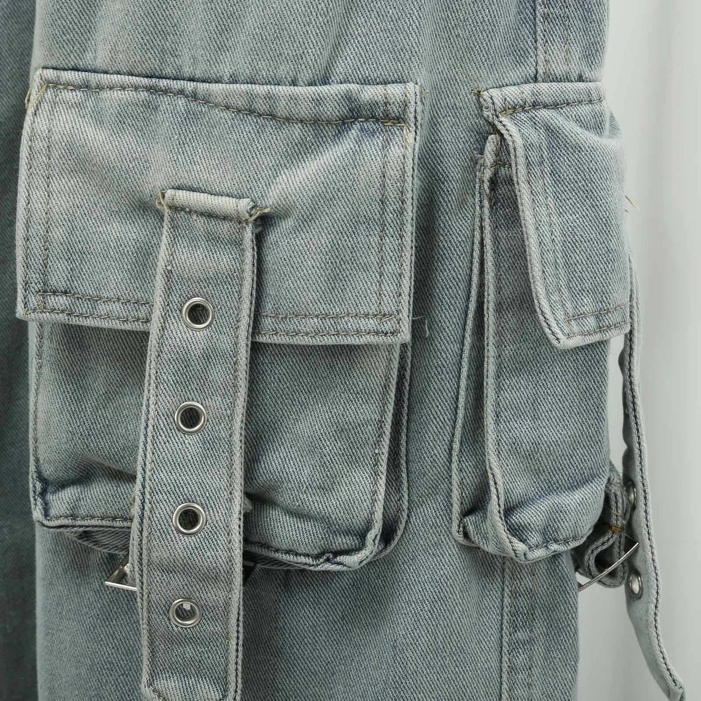 Retro American style Pocket Patchwork Jeans Pants Women Fashion Mid Waist Cargo Pants Baggy Light Blue Distressed Denim Trousers