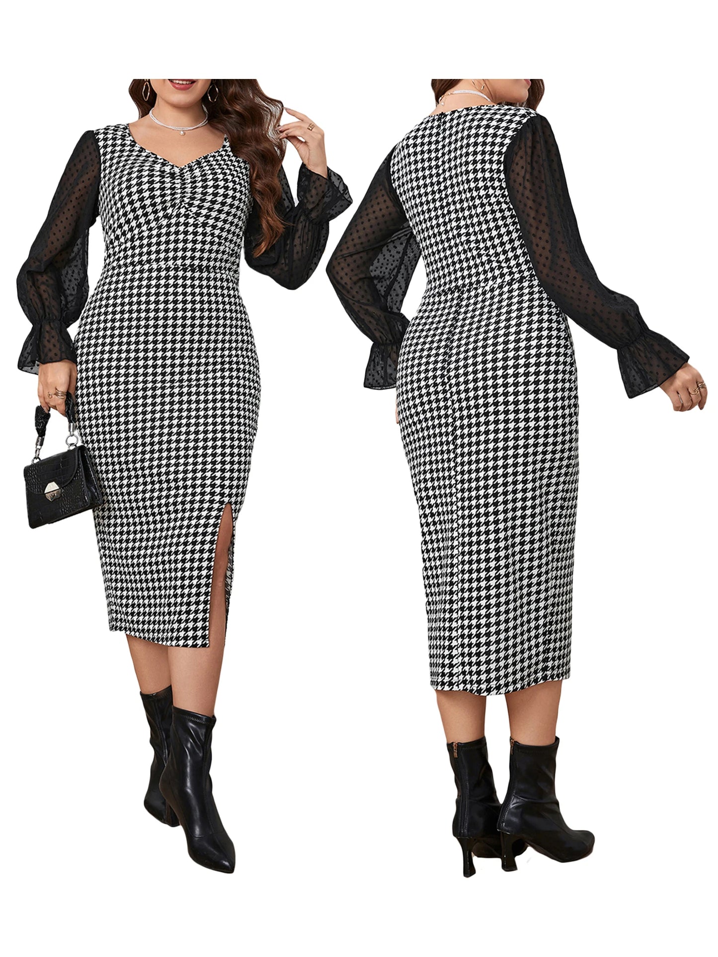 Checkered Print Maxi Dress Long Sleeve V Neck Empire Waist