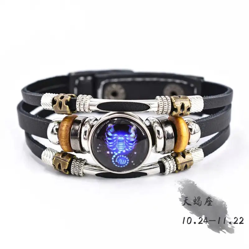 Twelve Constellations Luminous Leather Bracelet Retro Multi-layer Beaded Leather Bracelet Jewelry