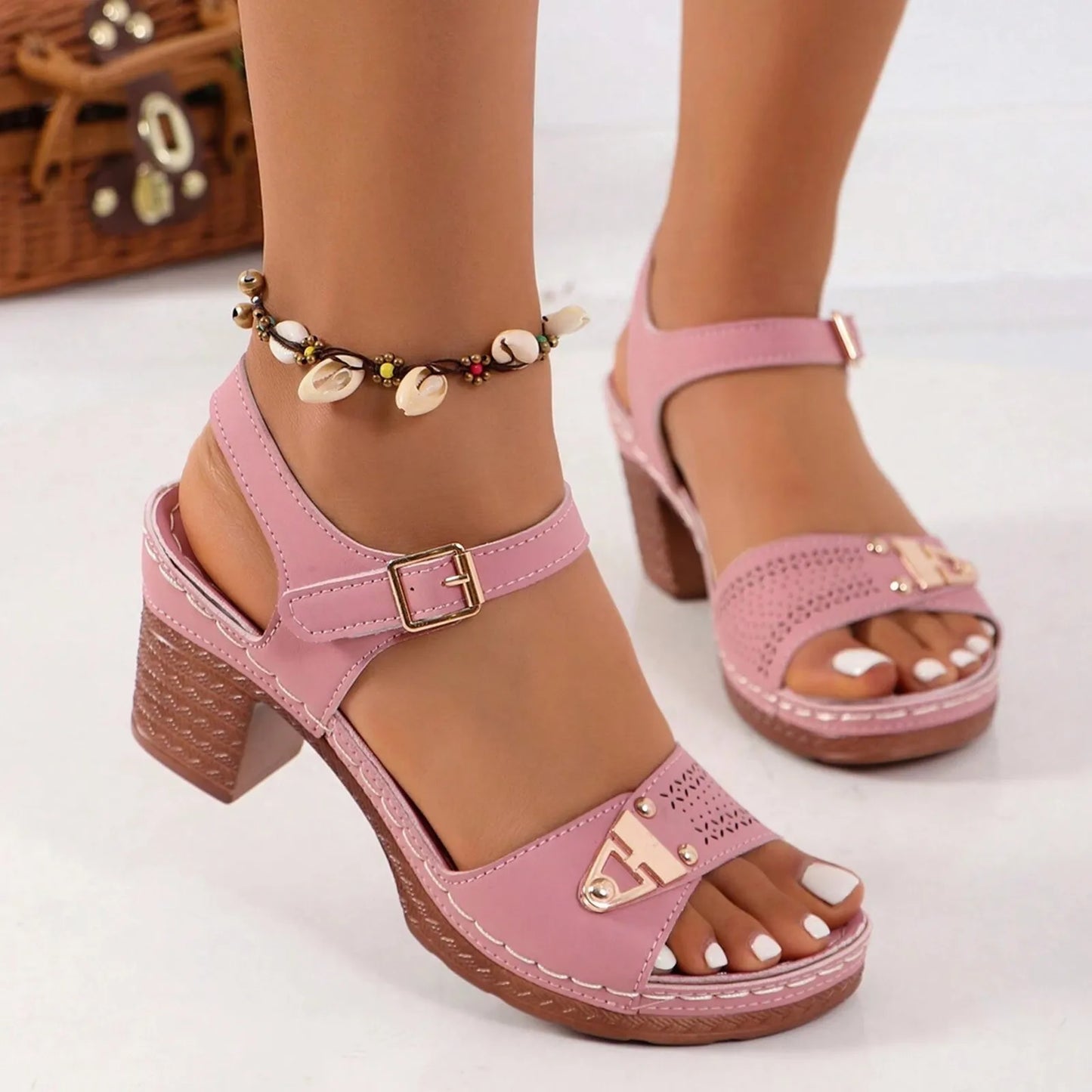Fashion Sandals With Adjustable Buckles Multi-Strap Thick Medium Heel Solid Color One Line Sandals For Women Sexy