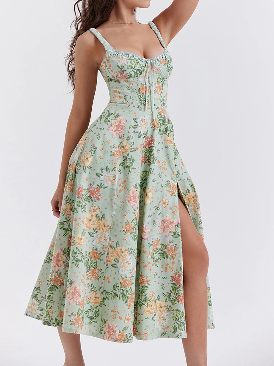 Summer Casual Midi Dress Floral Print Low-Cut Sleeveless