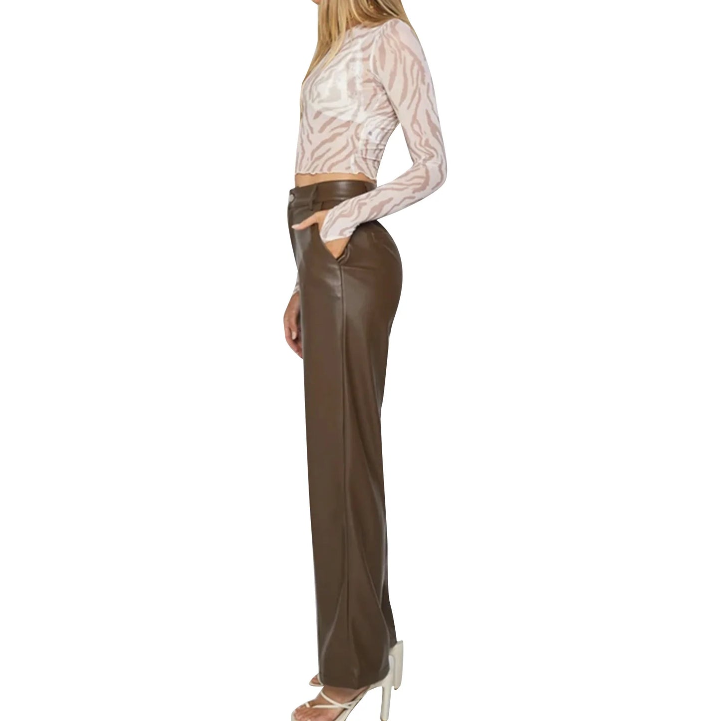 Women s Casual Loose Fit Trousers with Pockets High Waist Solid Color Straight-leg Pants in Faux Leather