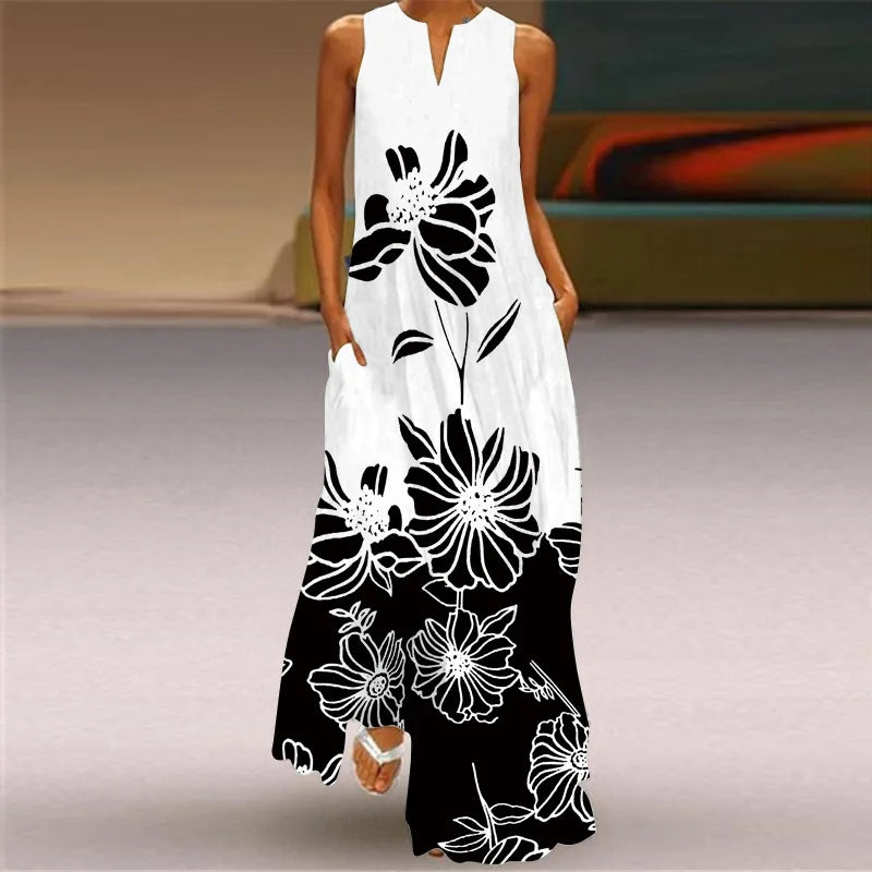 Vintage Print Maxi Dress For Women Summer Loose Sleeveless Long Dresses Elegant Lady V Neck Pocket Boho Beach Sundress Vestidos