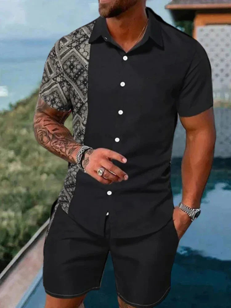 Summer Men's Temperament Shirt Set Men's Hawaii Vacation Short Sleeve Top Drawstring Shorts 2 Pcs Boutique