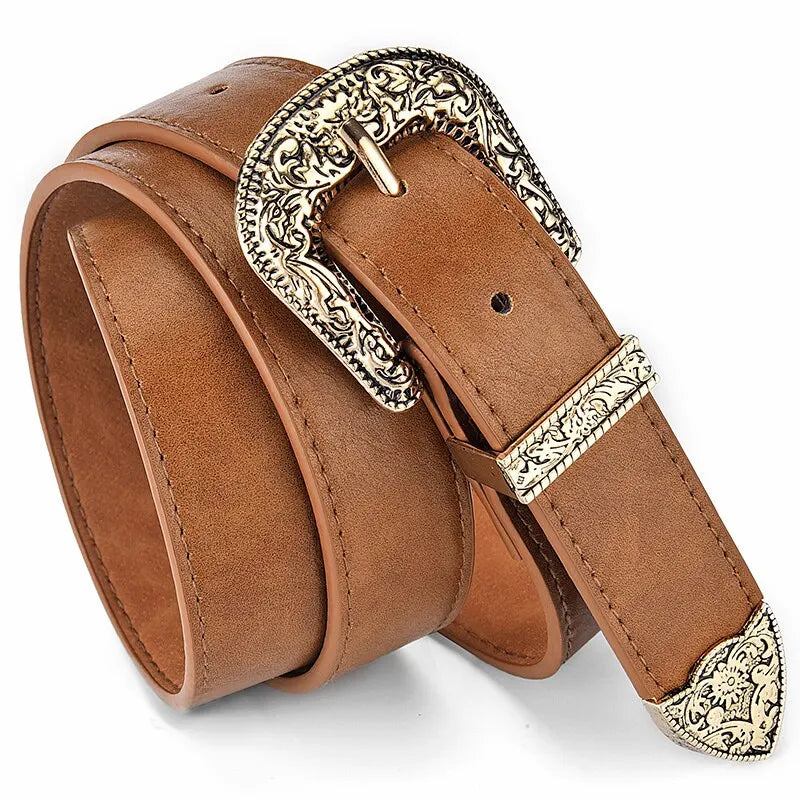 Women's Belt Vintage Carved Needle Buckle Belt Rock Style Jeans Belt PU Leather Belt