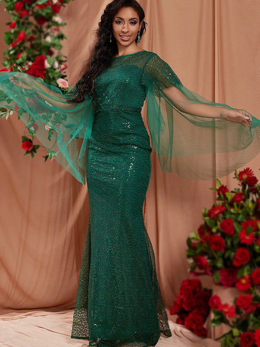 Long Green O Neck Dress Vintage