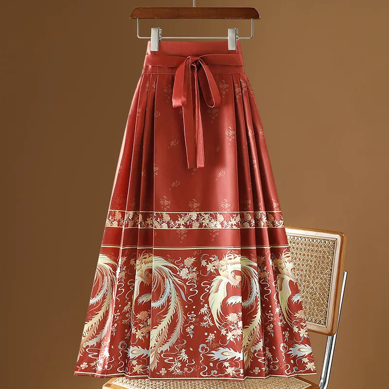 Vintage Maxi Chinese Style Horse Face Skirts  Pleated