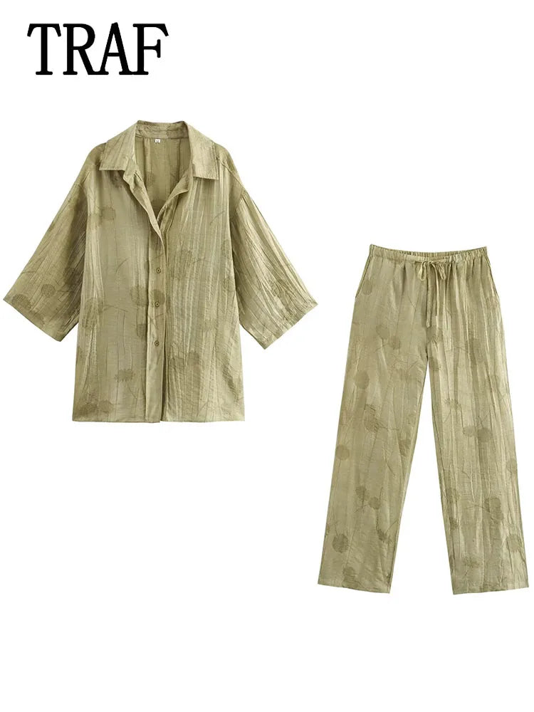 Women's Print Long Pants Sets Lapel Half Sleeve Single Breasted Shirts + High Waist Lace-Up Wide Leg Pants